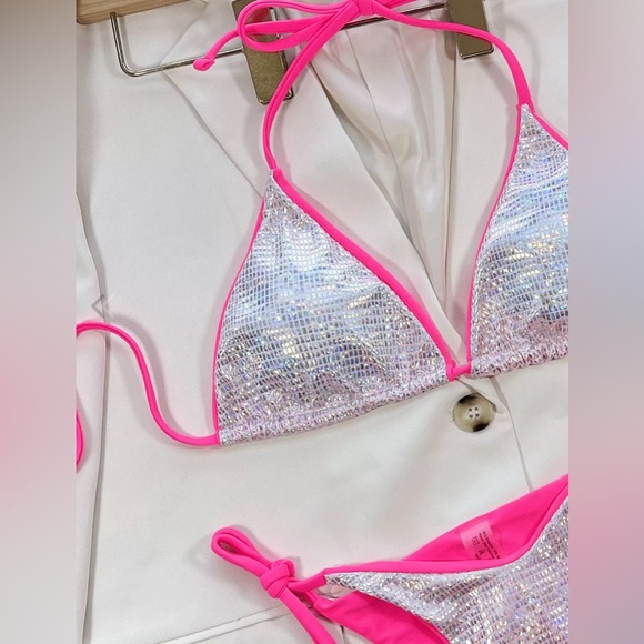 Solid Glitter Tie Bow Bikini Set....Color:
Silver....Swimwear - Picture 3 of 4